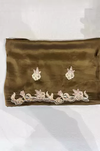 Brown embroidered soft organza saree with unstitched blouse