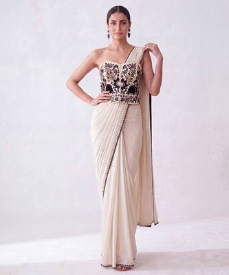 Cream embroidered lycra corset blouse and saree 1