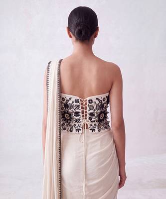 Cream embroidered lycra corset blouse and saree 2