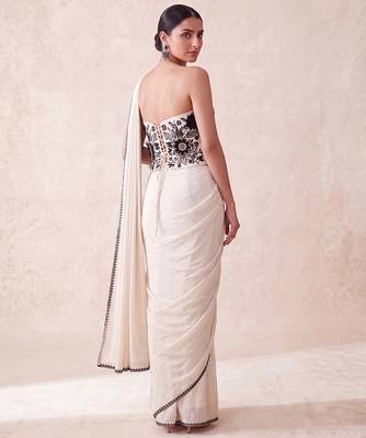 Cream embroidered lycra corset blouse and saree 3