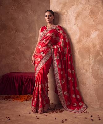 Red embroidered silk saree with unstitched blouse 2