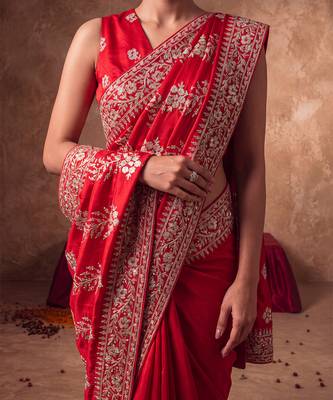 Red embroidered silk saree with unstitched blouse 4