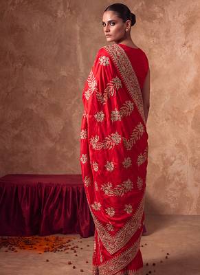 Red embroidered silk saree with unstitched blouse 1
