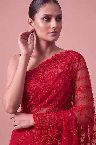 Red embroidered georgette saree with unstitched blouse