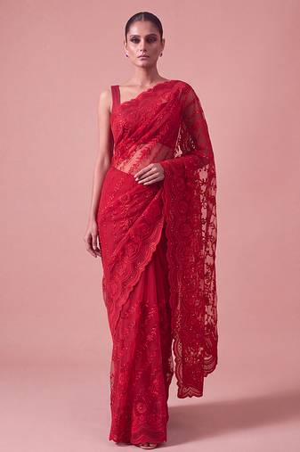 Red embroidered georgette saree with unstitched blouse