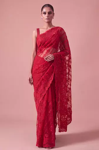 Red embroidered georgette saree with unstitched blouse