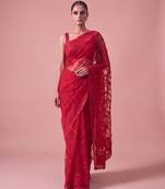 Red embroidered georgette saree with unstitched blouse