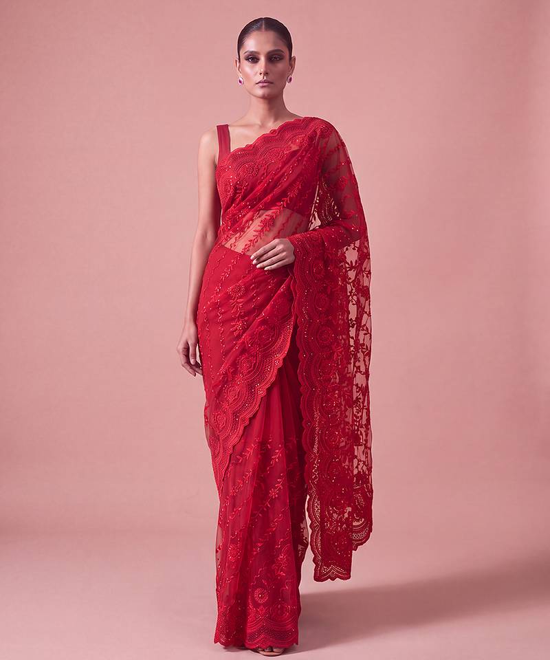 Red embroidered georgette saree with unstitched blouse