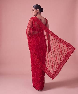 Red embroidered georgette saree with unstitched blouse 3