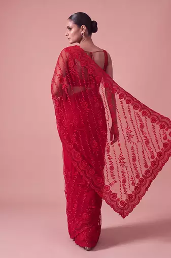 Red embroidered georgette saree with unstitched blouse