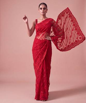Red embroidered georgette saree with unstitched blouse 4