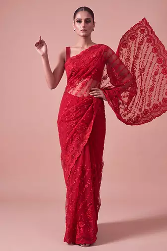 Red embroidered georgette saree with unstitched blouse