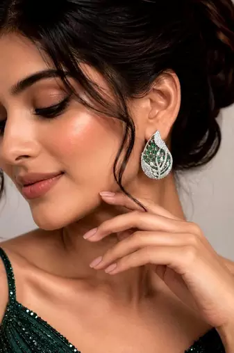 Emerald Leaf Statement Studs, Silver Teardrop Cluster Earrings