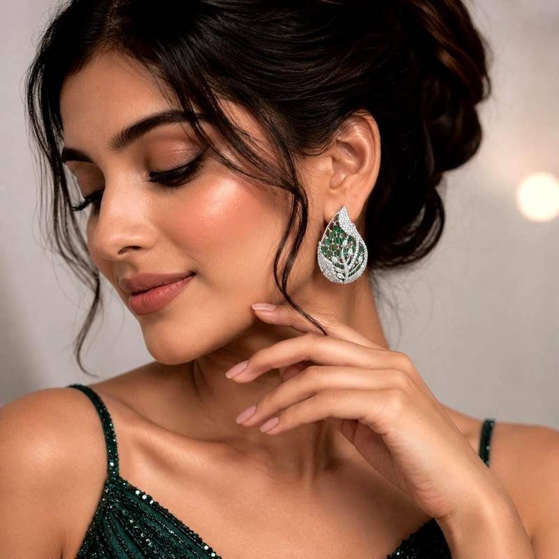 Emerald Leaf Statement Studs, Silver Teardrop Cluster Earrings