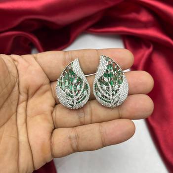 Emerald Leaf Statement Studs, Silver Teardrop Cluster Earrings 2