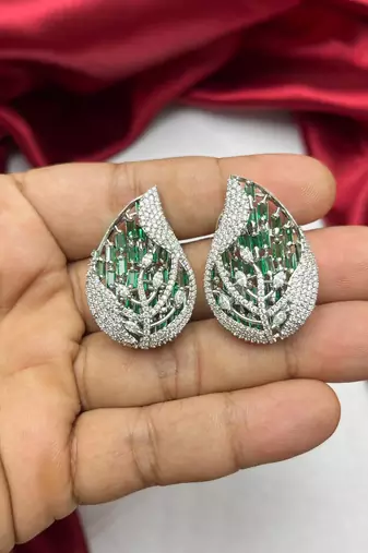 Emerald Leaf Statement Studs, Silver Teardrop Cluster Earrings