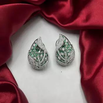 Emerald Leaf Statement Studs, Silver Teardrop Cluster Earrings 3