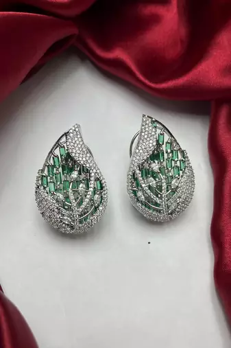 Emerald Leaf Statement Studs, Silver Teardrop Cluster Earrings