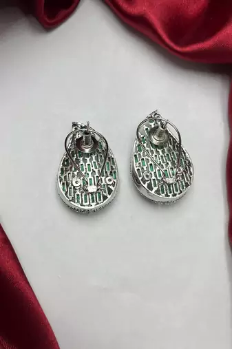 Emerald Leaf Statement Studs, Silver Teardrop Cluster Earrings
