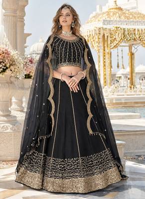 Black Art Silk Semi Stitched Semi Stitched Lehenga Choli with Embroidery work 1