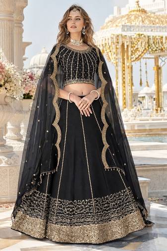 Black Art Silk Semi Stitched Semi Stitched Lehenga Choli with Embroidery work