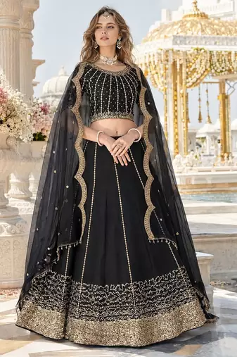 Black Art Silk Semi Stitched Semi Stitched Lehenga Choli with Embroidery work