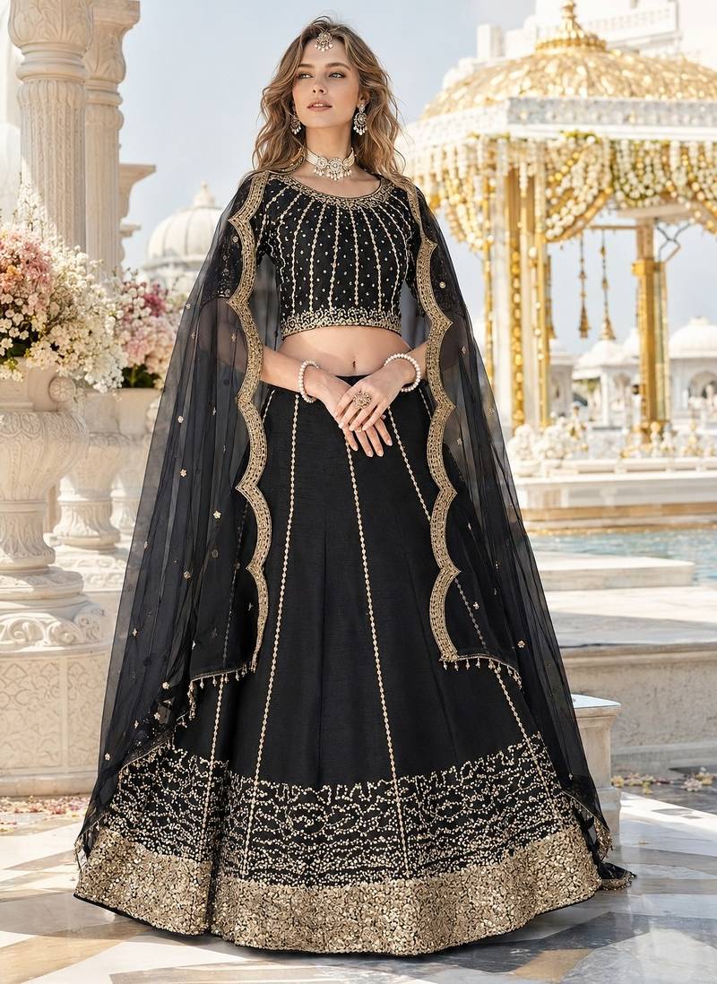 Black Art Silk Semi Stitched Semi Stitched Lehenga Choli with Embroidery work