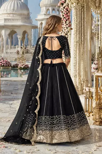 Black Art Silk Semi Stitched Semi Stitched Lehenga Choli with Embroidery work