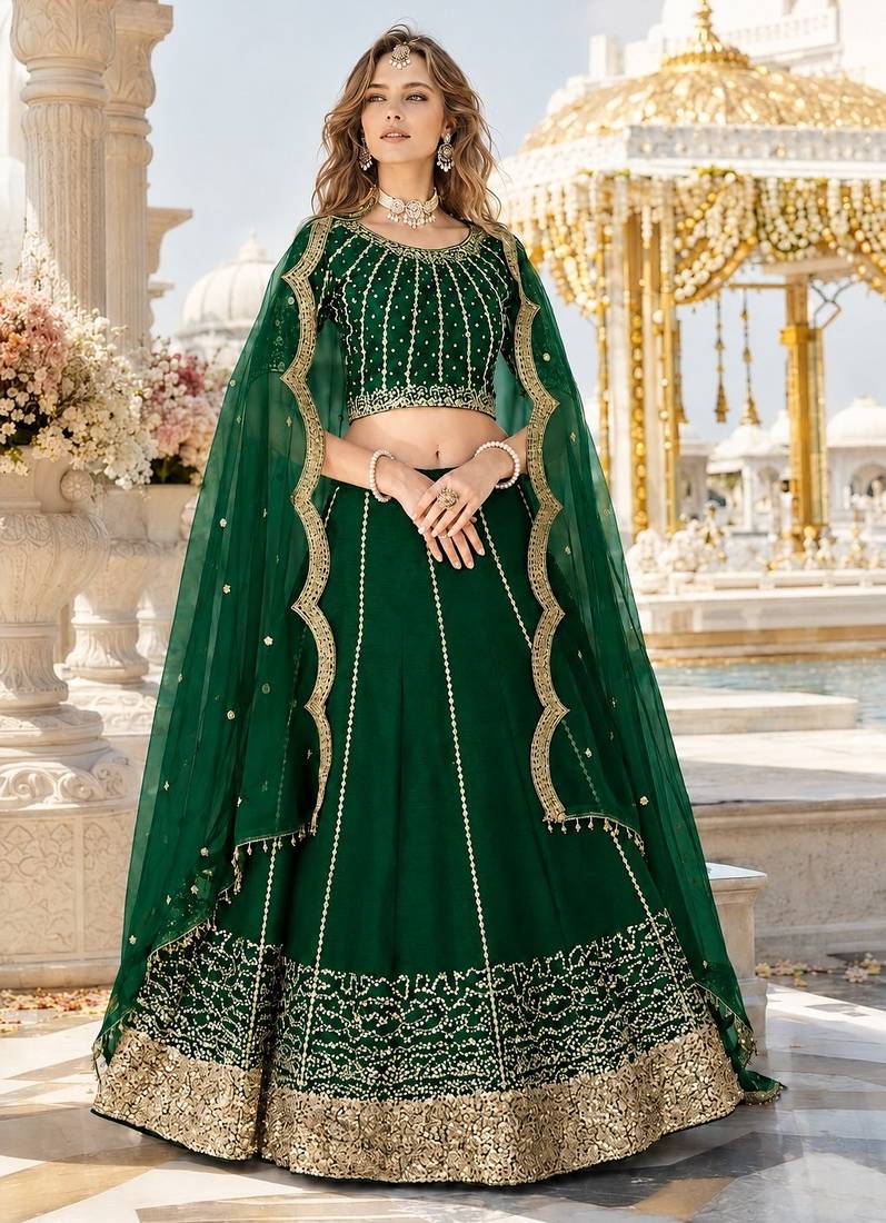 Emerald Art Silk Semi Stitched Semi Stitched Lehenga Choli with Embroidery work