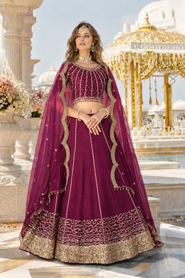 Wine Art Silk Semi Stitched Semi Stitched Lehenga Choli with Embroidery work 1