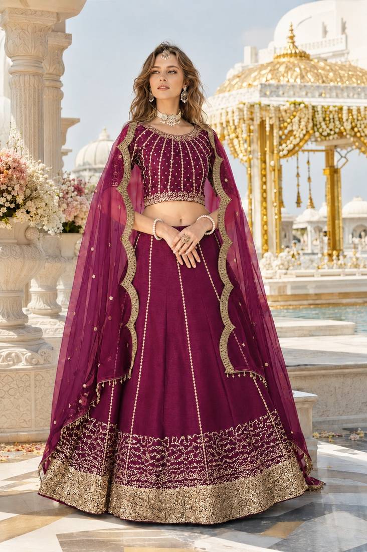 Wine Art Silk Semi Stitched Semi Stitched Lehenga Choli with Embroidery work