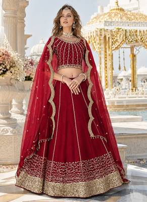 Red Art Silk Semi Stitched Semi Stitched Lehenga Choli with Embroidery work 1
