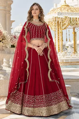 Red Art Silk Semi Stitched Semi Stitched Lehenga Choli with Embroidery work