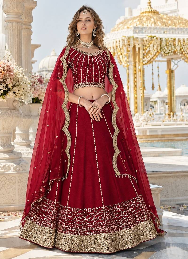 Red Art Silk Semi Stitched Semi Stitched Lehenga Choli with Embroidery work