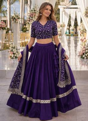 Violet Satin Semi Stitched Lehenga Choli with Embroidery Zari Sequins Work 1