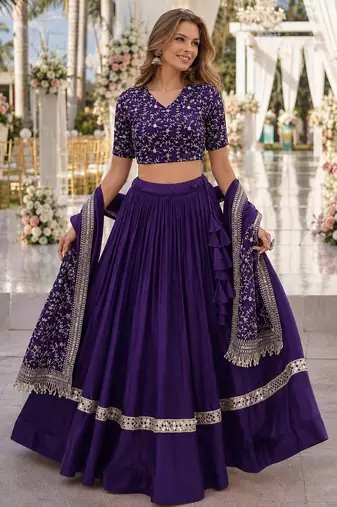 Violet Satin Semi Stitched Lehenga Choli with Embroidery Zari Sequins Work