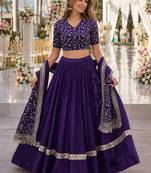Violet Satin Semi Stitched Lehenga Choli with Embroidery Zari Sequins Work