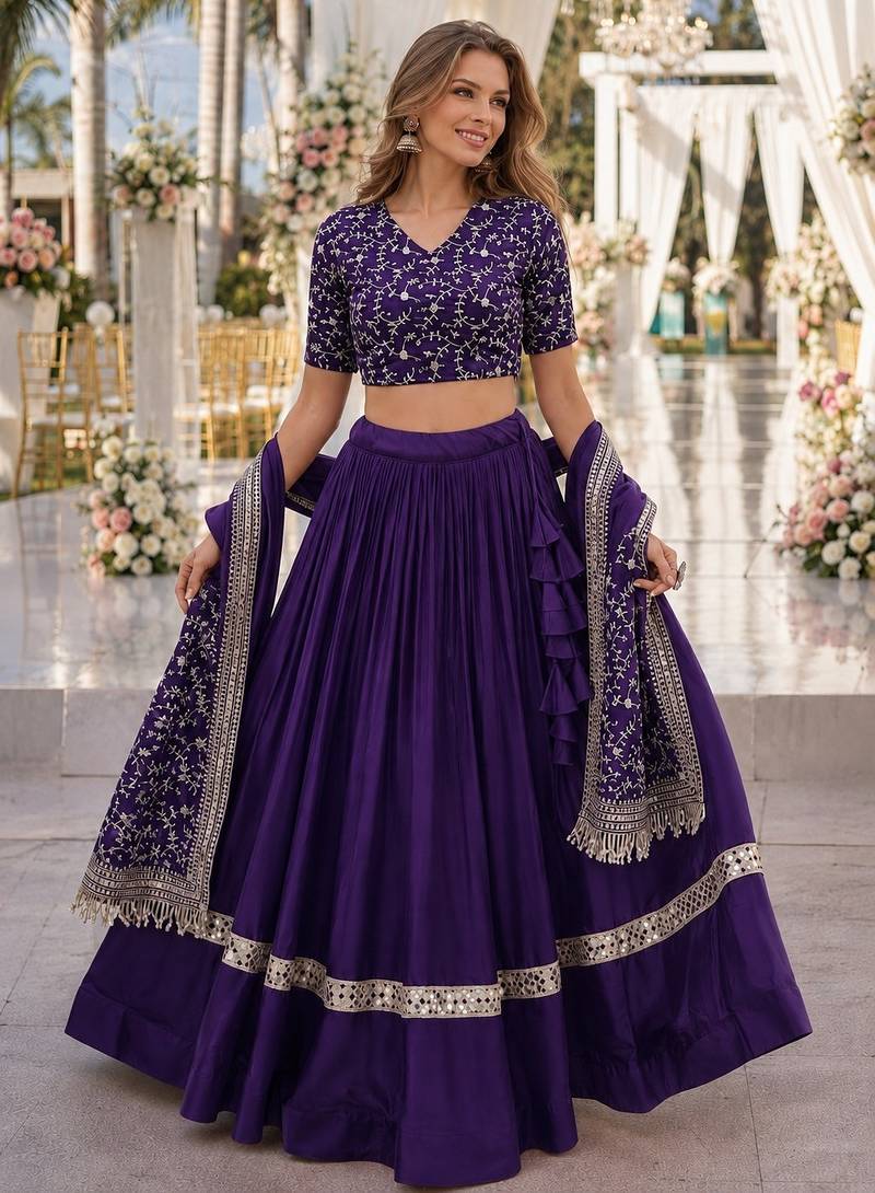 Violet Satin Semi Stitched Lehenga Choli with Embroidery Zari Sequins Work