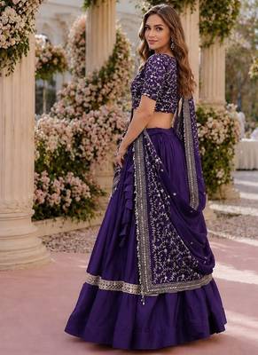 Violet Satin Semi Stitched Lehenga Choli with Embroidery Zari Sequins Work 2