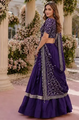 Violet Satin Semi Stitched Lehenga Choli with Embroidery Zari Sequins Work