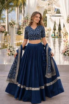 Teal Satin Semi Stitched Lehenga Choli with Embroidery Zari Sequins Work 1