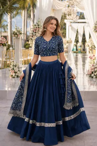 Teal Satin Semi Stitched Lehenga Choli with Embroidery Zari Sequins Work