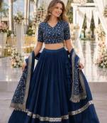 Teal Satin Semi Stitched Lehenga Choli with Embroidery Zari Sequins Work