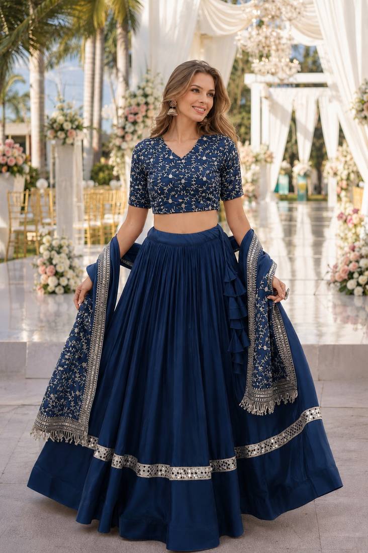 Teal Satin Semi Stitched Lehenga Choli with Embroidery Zari Sequins Work