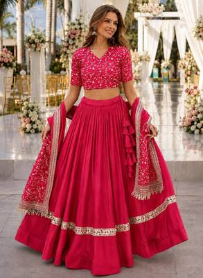 Red Satin Semi Stitched Lehenga Choli with Embroidery Zari Sequins Work 1