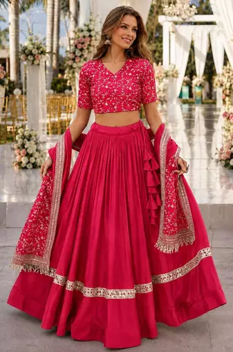 Red Satin Semi Stitched Lehenga Choli with Embroidery Zari Sequins Work