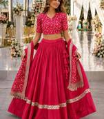 Red Satin Semi Stitched Lehenga Choli with Embroidery Zari Sequins Work