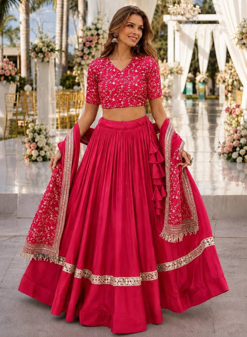 Red Satin Semi Stitched Lehenga Choli with Embroidery Zari Sequins Work