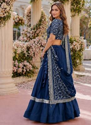 Teal Satin Semi Stitched Lehenga Choli with Embroidery Zari Sequins Work 2