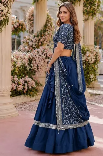 Teal Satin Semi Stitched Lehenga Choli with Embroidery Zari Sequins Work